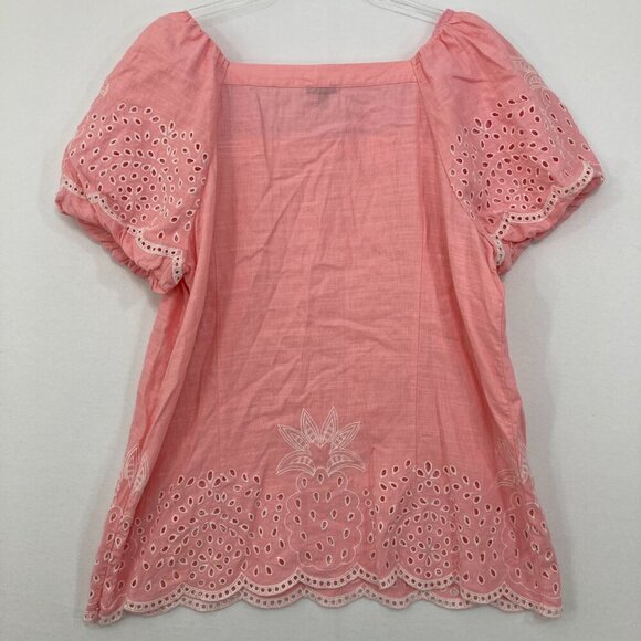 Talbots Large Pink Linen Blend Square Neck Top Embroidered Pineapple Vacation - Picture 9 of 12